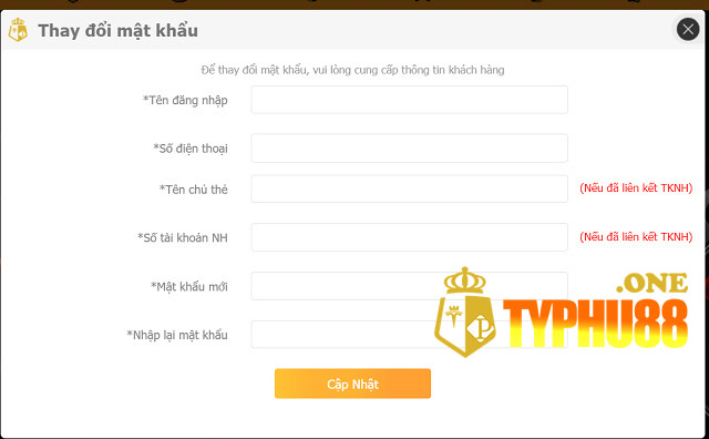 Biểu mẫu đổi mật khẩu mới tài khoản Typhu88